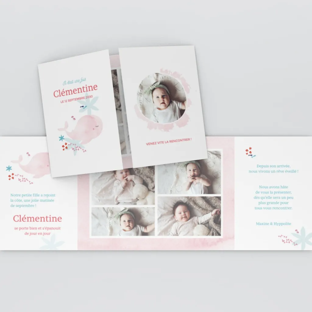Faire-part Naissance Animaux^Planet cards Mon Doudou Baleine Rose