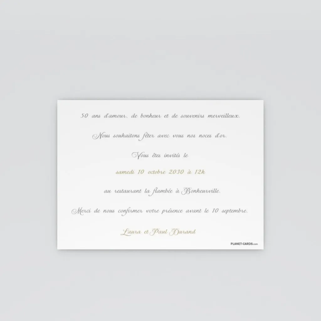 Carte Invitation Noces D'or | Carte Invitation Noces D'or^Planet cards Or Et Champagne