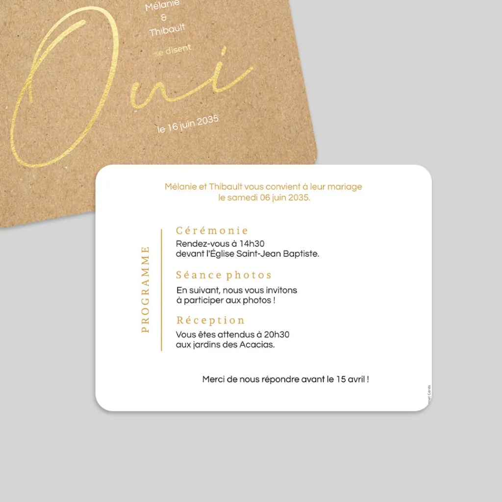 Faire-part Mariage Dorure^Planet cards Oui doré