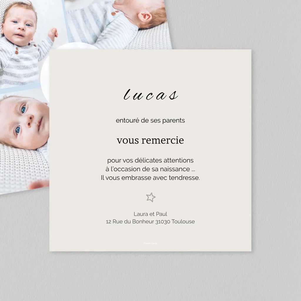 Carte Remerciement Naissance Classique | Carte Remerciement Naissance Garçon^Planet cards Pastille d'amour