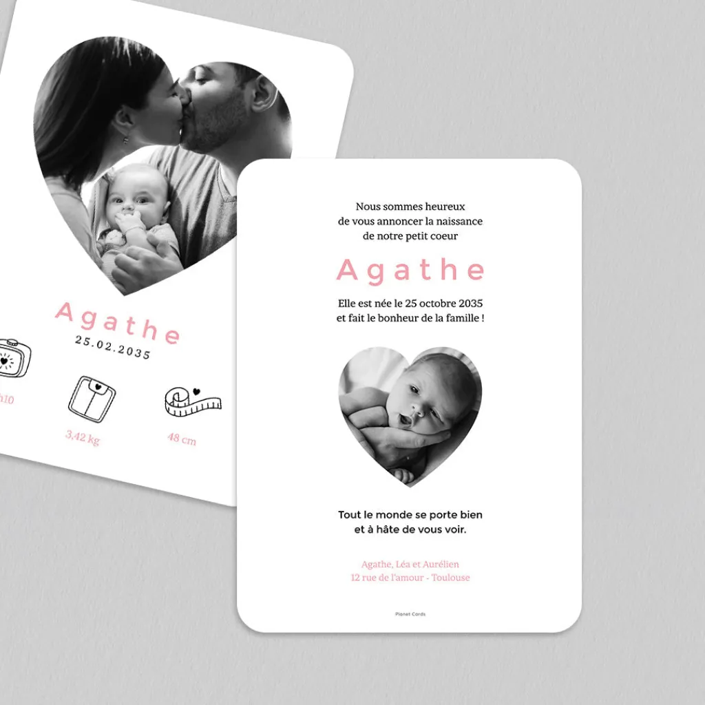 Faire-part Naissance Fille^Planet cards Photo en coeur