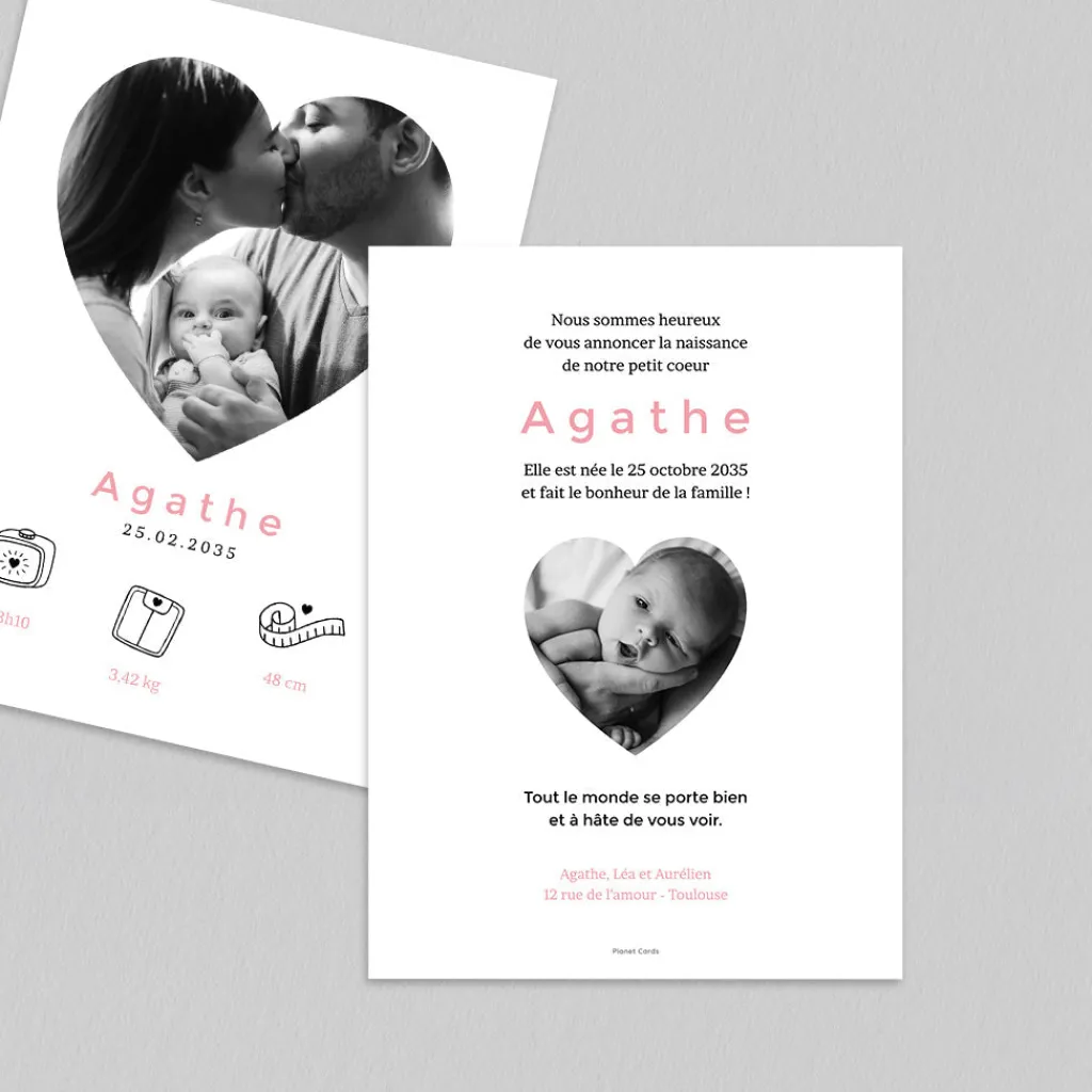 Faire-part Naissance Fille^Planet cards Photo en coeur