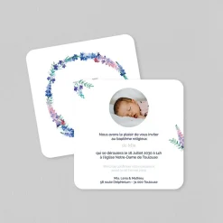 Faire-part Baptême Civil | Faire-part Baptême Champêtre^Planet cards Ronde de Delphiniums