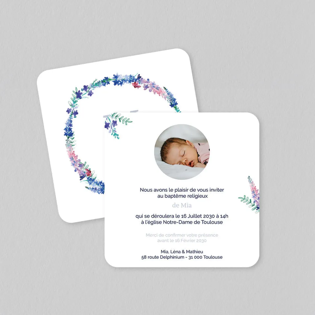 Faire-part Baptême Civil | Faire-part Baptême Champêtre^Planet cards Ronde de Delphiniums