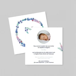 Faire-part Baptême Civil | Faire-part Baptême Champêtre^Planet cards Ronde de Delphiniums