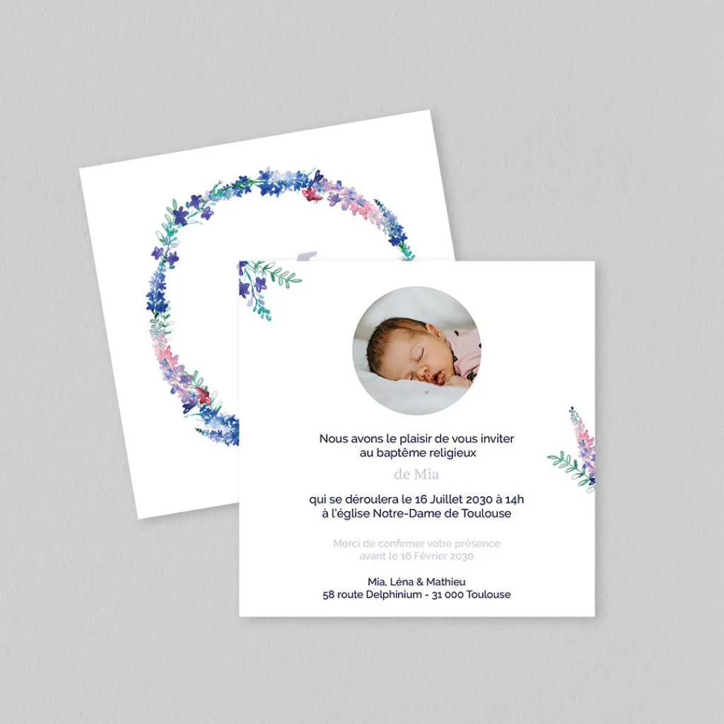 Faire-part Baptême Civil | Faire-part Baptême Champêtre^Planet cards Ronde de Delphiniums