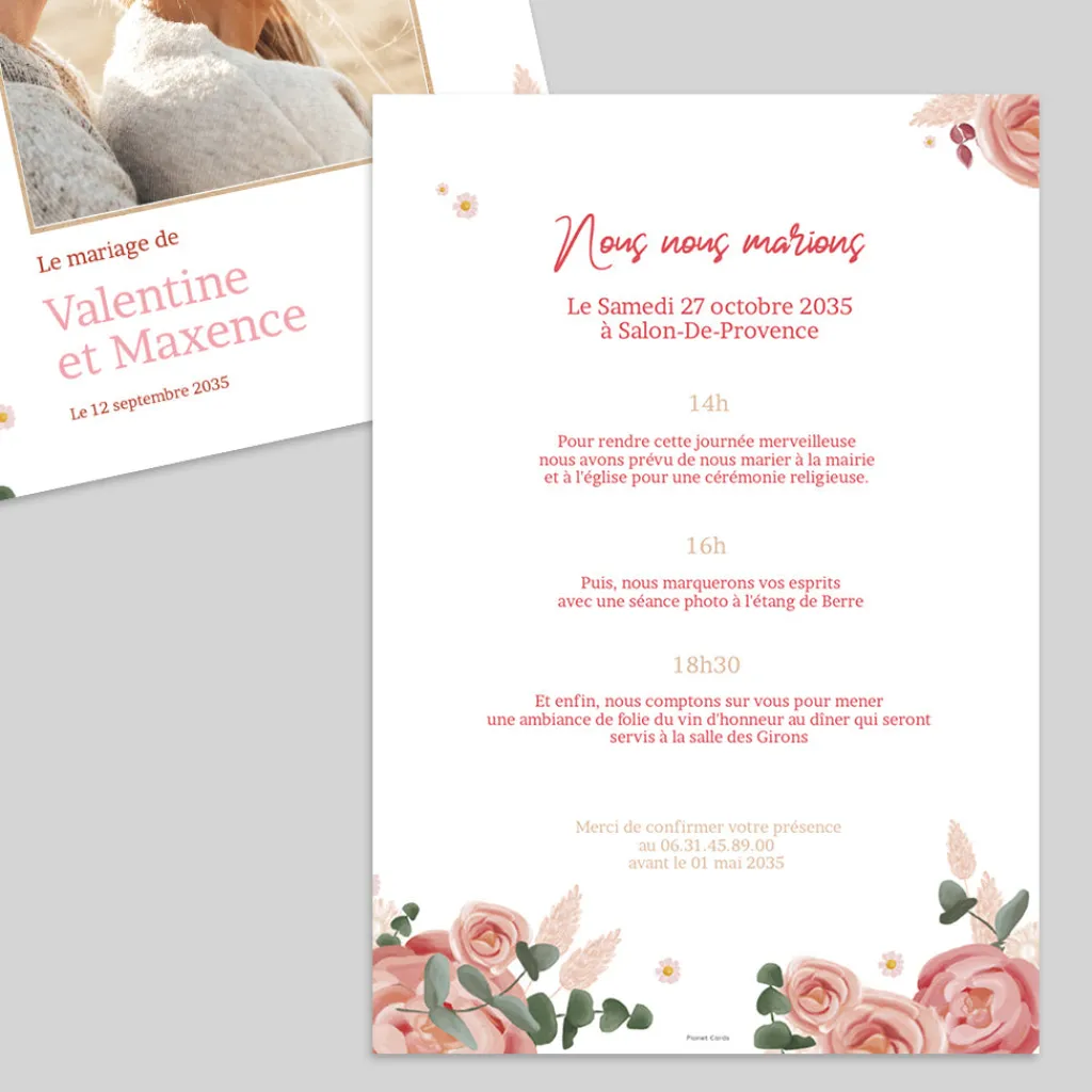 Faire-part Mariage Bohème | Faire-part Mariage Champêtre^Planet cards Rose et Marguerite