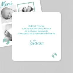 Carte Remerciement Naissance Classique | Carte Remerciement Naissance Garçon^Planet cards Vert et blanc avec petits pas de bébé