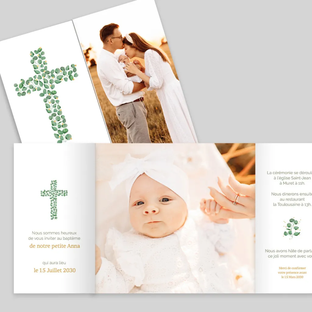 Faire-part Baptême Champêtre | Gamme Complète^Planet cards Végétal et Croix