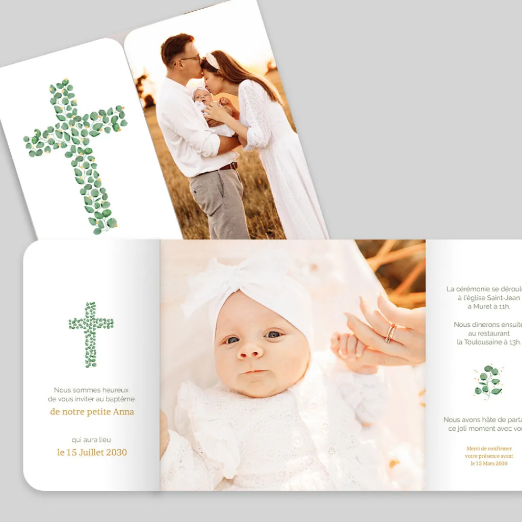 Faire-part Baptême Champêtre | Gamme Complète^Planet cards Végétal et Croix